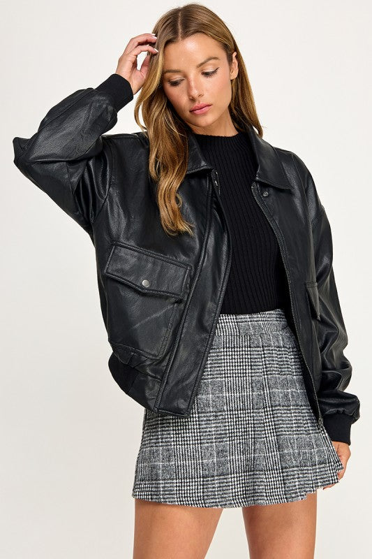 JK5844-1 Faux leather Zip Up Bomber Jacket  