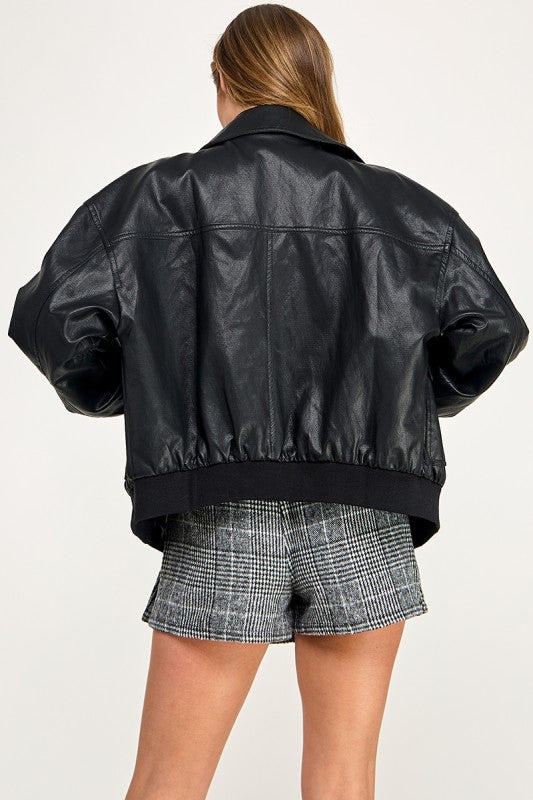 JK5844-1 Faux leather Zip Up Bomber Jacket  
