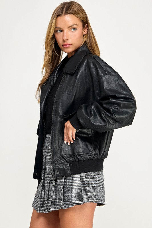 JK5844-1 Faux leather Zip Up Bomber Jacket  