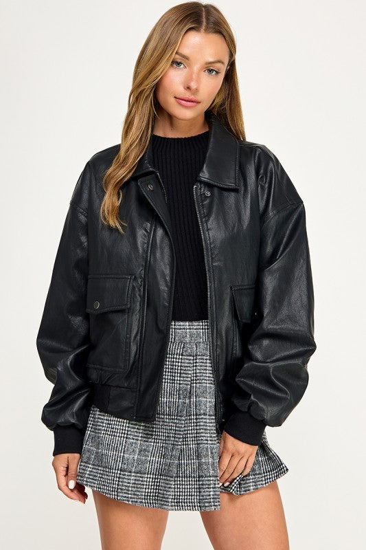 JK5844-1 Faux leather Zip Up Bomber Jacket  