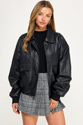JK5844-1 Faux leather Zip Up Bomber Jacket  