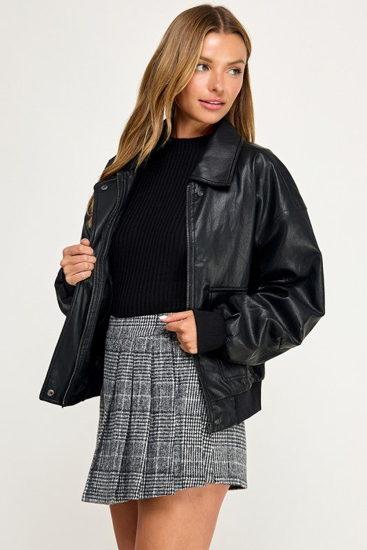 JK5844-1 Faux leather Zip Up Bomber Jacket  