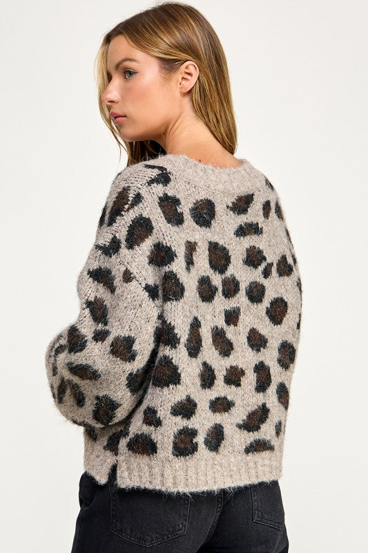 SW5803 Leopard Print Cropped Fuzzy Knit Sweater