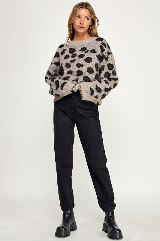 SW5803 Leopard Print Cropped Fuzzy Knit Sweater