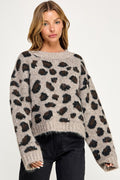SW5803 Leopard Print Cropped Fuzzy Knit Sweater