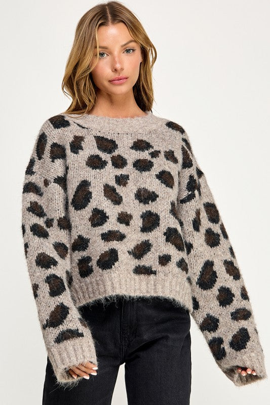 SW5803 Leopard Print Cropped Fuzzy Knit Sweater