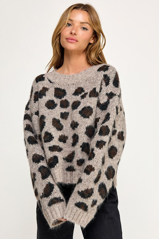 SW5803 Leopard Print Cropped Fuzzy Knit Sweater