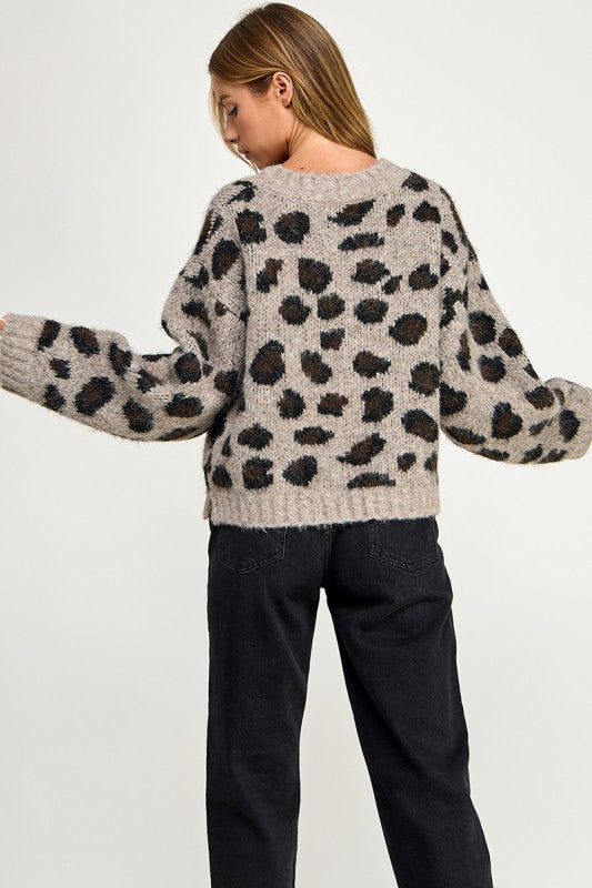 SW5803 Leopard Print Cropped Fuzzy Knit Sweater