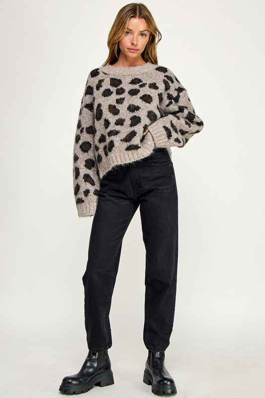 SW5803 Leopard Print Cropped Fuzzy Knit Sweater