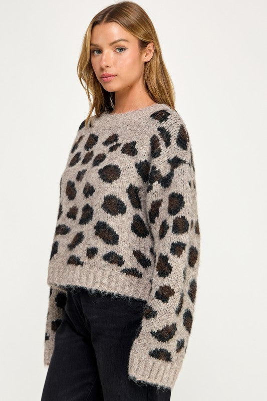 SW5803 Leopard Print Cropped Fuzzy Knit Sweater