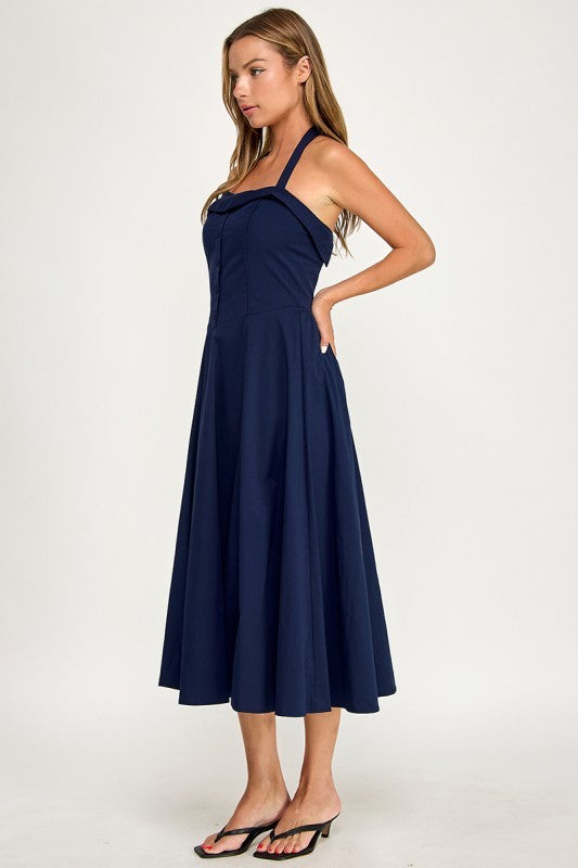 D5562 Halter Flare Midi Dress