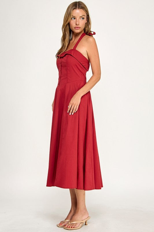 D5562 Halter Flare Midi Dress
