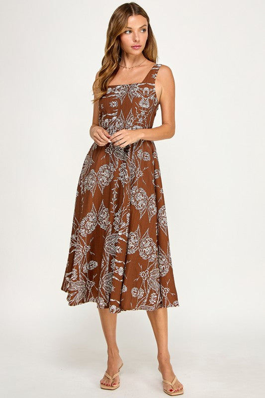 D5421S-5 Floral Print Square Neck Midi Dress