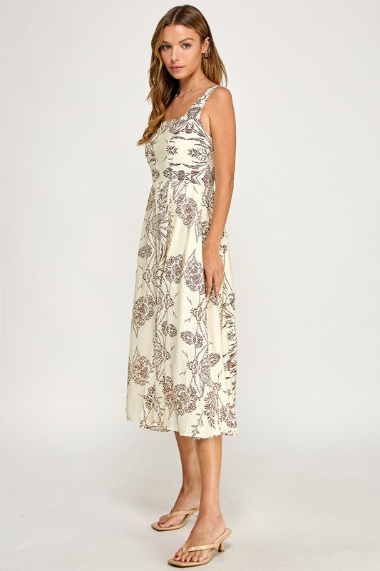 D5421S-5 Floral Print Square Neck Midi Dress