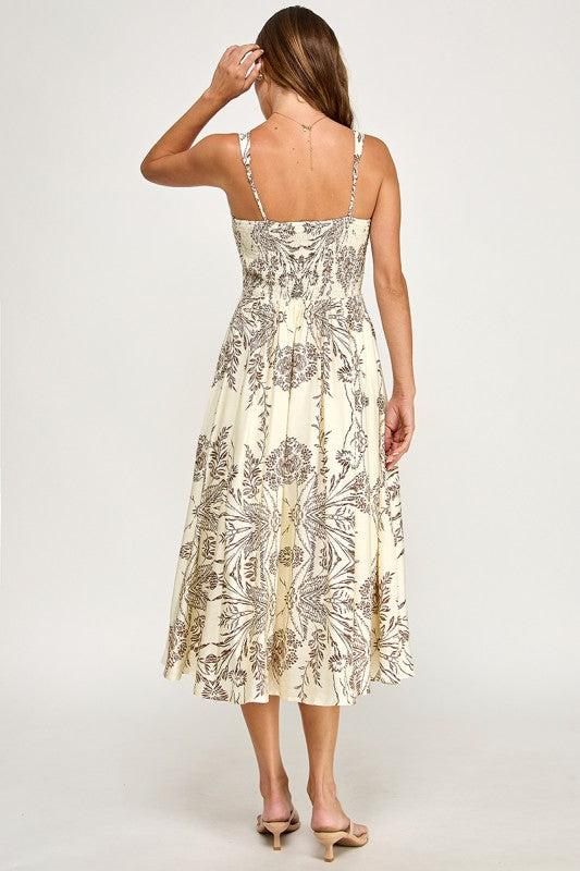 D5421S-5 Floral Print Square Neck Midi Dress