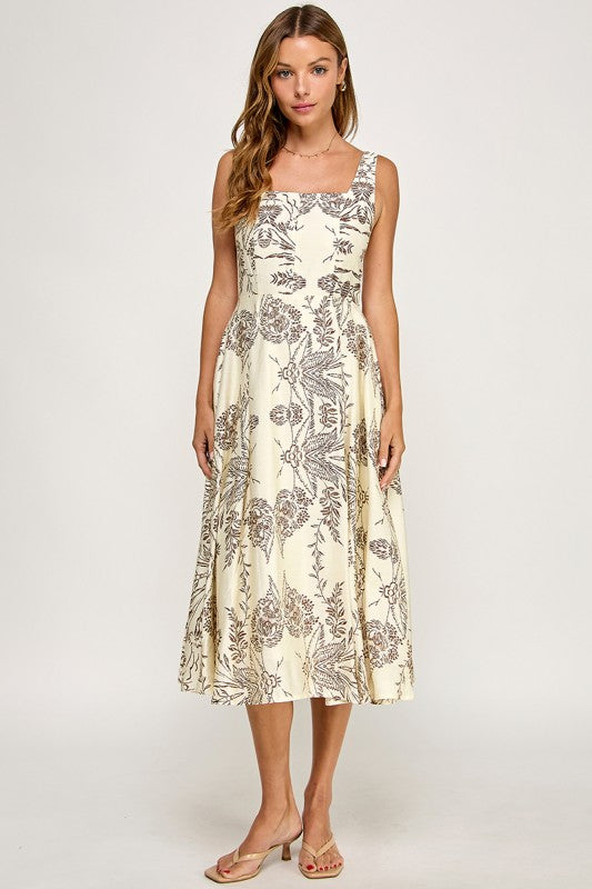D5421S-5 Floral Print Square Neck Midi Dress