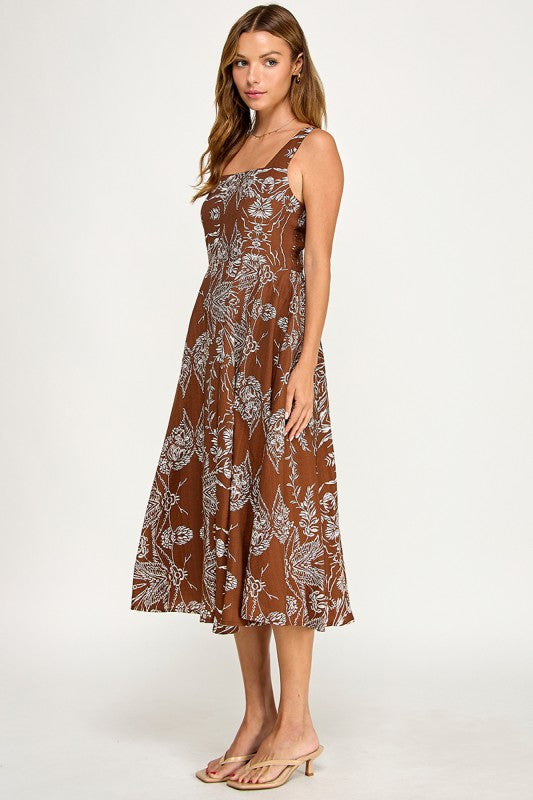 D5421S-5 Floral Print Square Neck Midi Dress