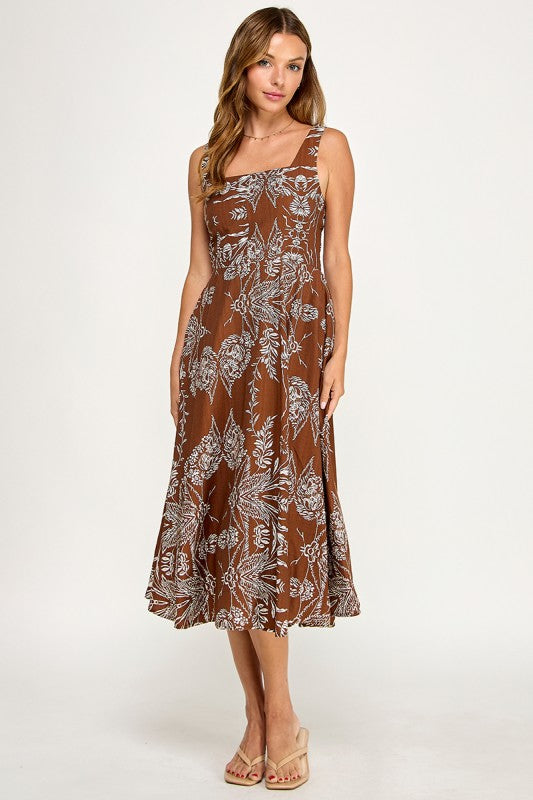 D5421S-5 Floral Print Square Neck Midi Dress
