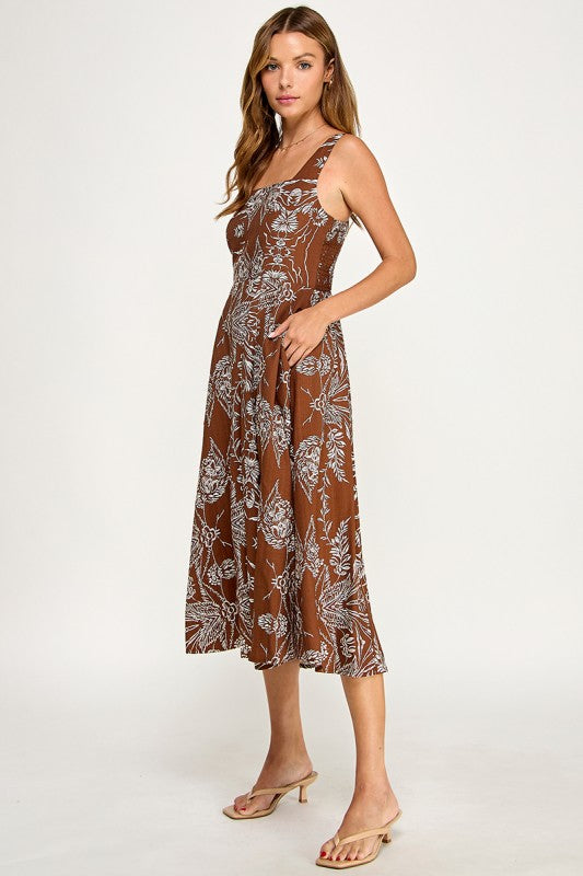D5421S-5 Floral Print Square Neck Midi Dress