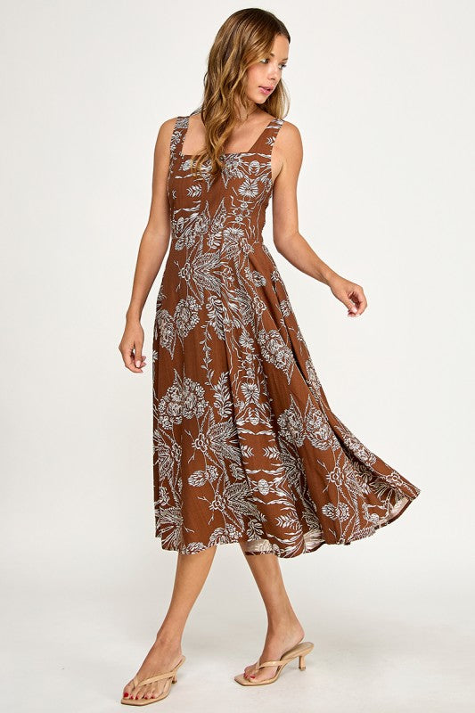D5421S-5 Floral Print Square Neck Midi Dress