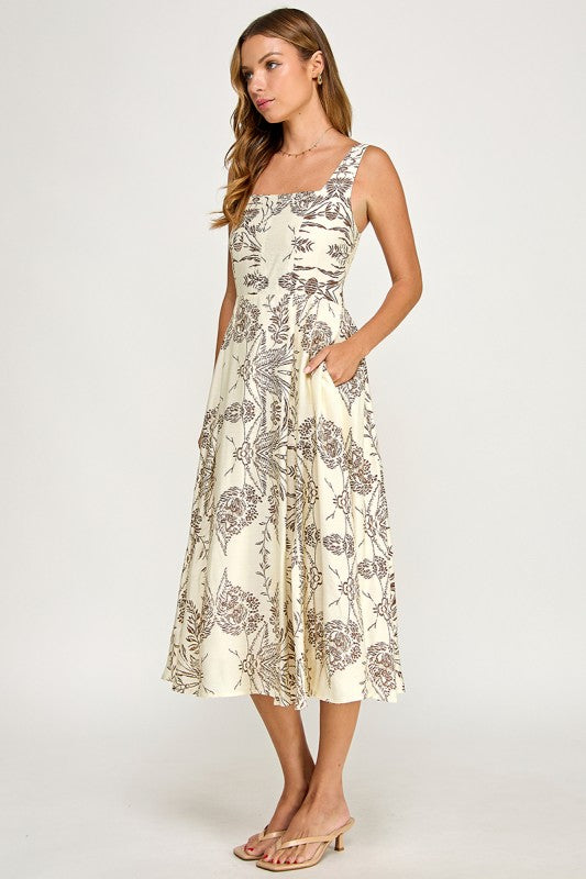 D5421S-5 Floral Print Square Neck Midi Dress