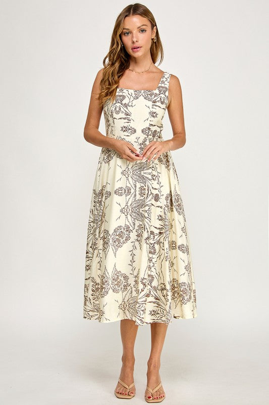 D5421S-5 Floral Print Square Neck Midi Dress