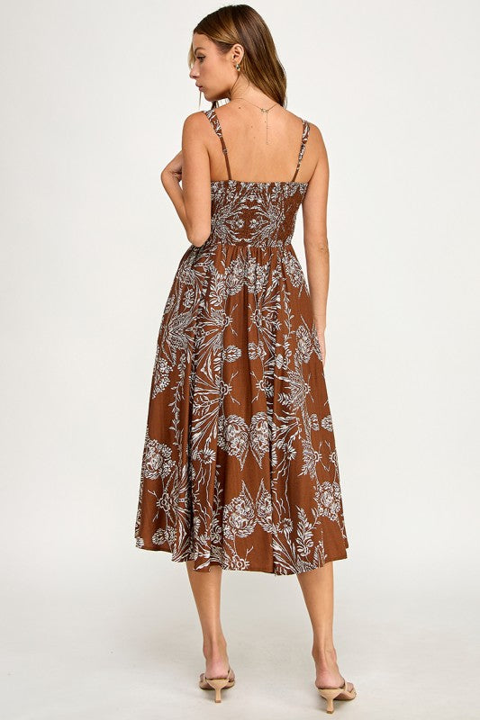 D5421S-5 Floral Print Square Neck Midi Dress