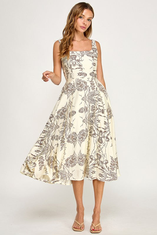 D5421S-5 Floral Print Square Neck Midi Dress