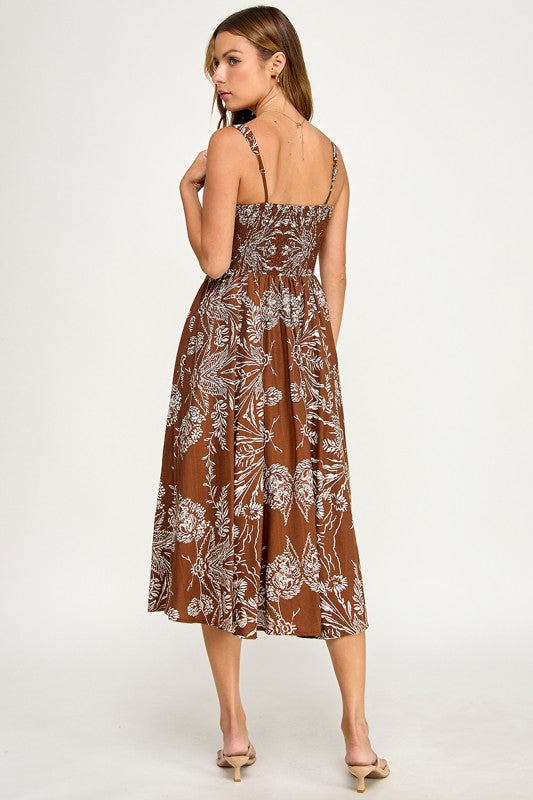 D5421S-5 Floral Print Square Neck Midi Dress