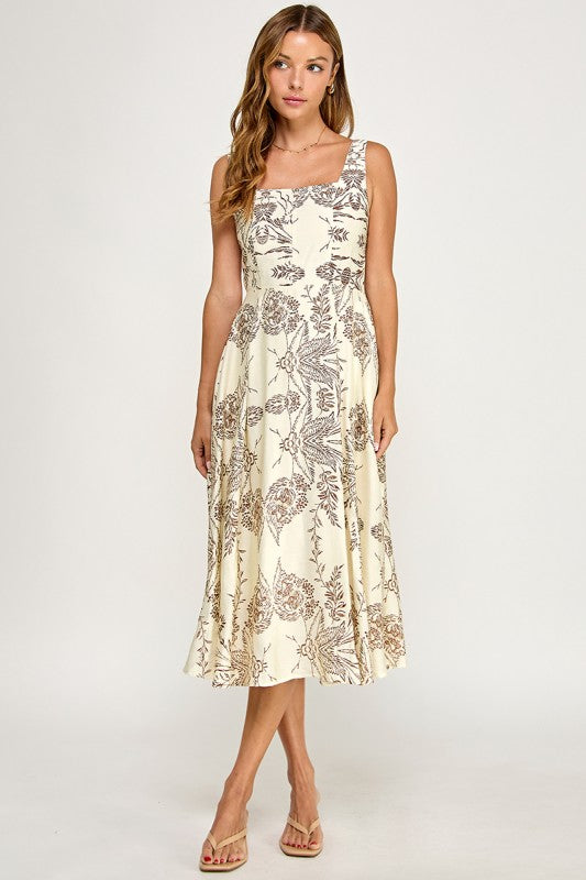 D5421S-5 Floral Print Square Neck Midi Dress