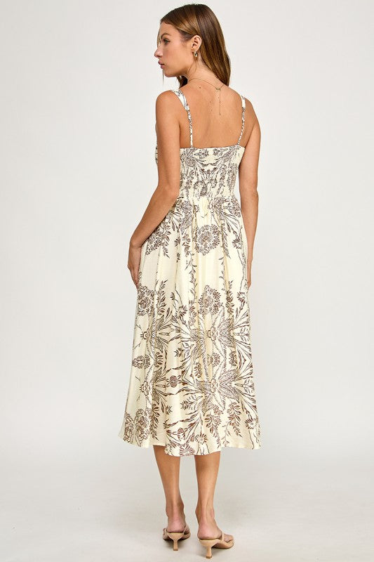 D5421S-5 Floral Print Square Neck Midi Dress