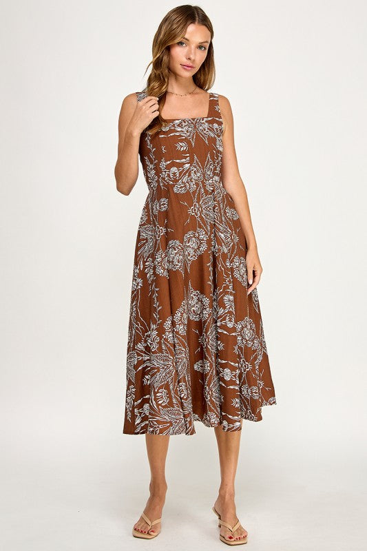 D5421S-5 Floral Print Square Neck Midi Dress