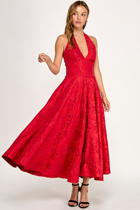 D5472S Floral Jacquard Halter Fit & Flare Midi Dress