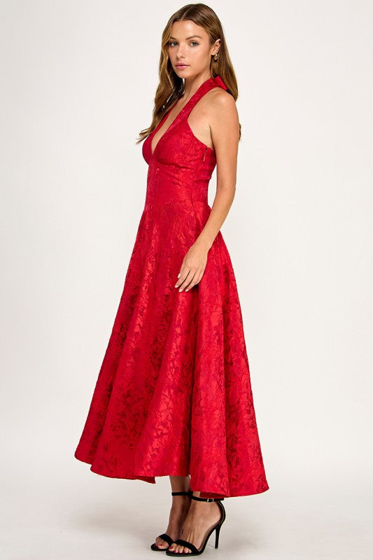 D5472S Floral Jacquard Halter Fit & Flare Midi Dress