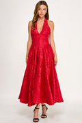 D5472S Floral Jacquard Halter Fit & Flare Midi Dress
