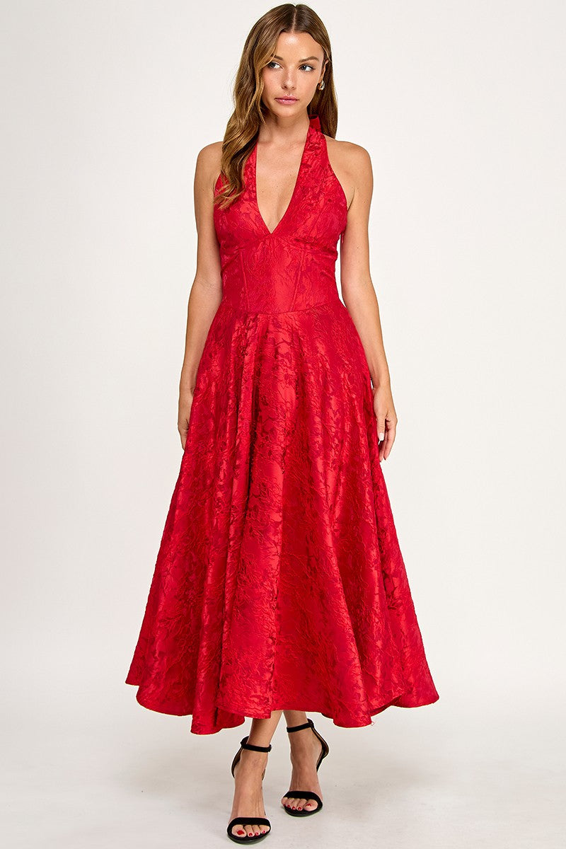 D5472S Floral Jacquard Halter Fit & Flare Midi Dress
