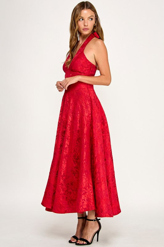 D5472S Floral Jacquard Halter Fit & Flare Midi Dress