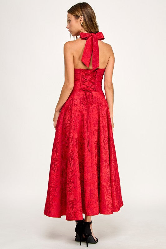 D5472S Floral Jacquard Halter Fit & Flare Midi Dress