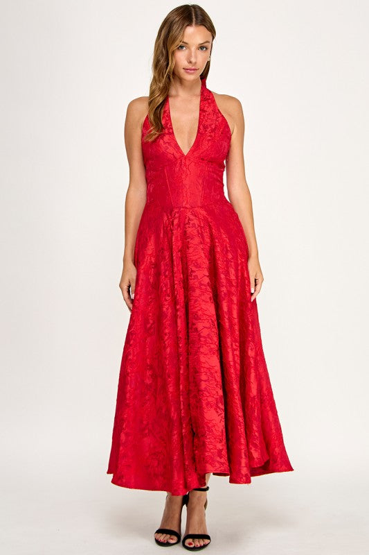 D5472S Floral Jacquard Halter Fit & Flare Midi Dress