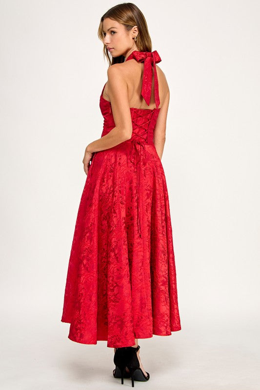 D5472S Floral Jacquard Halter Fit & Flare Midi Dress