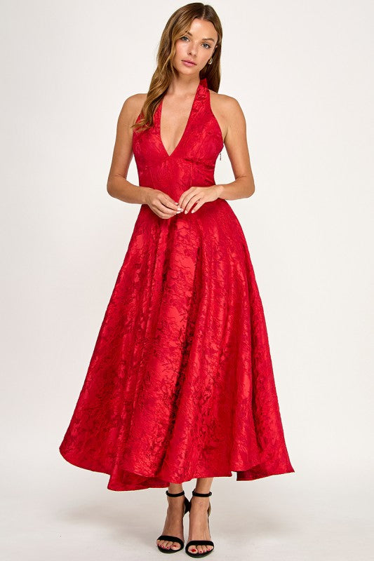 D5472S Floral Jacquard Halter Fit & Flare Midi Dress