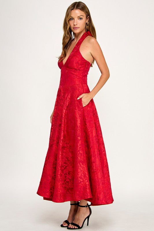 D5472S Floral Jacquard Halter Fit & Flare Midi Dress