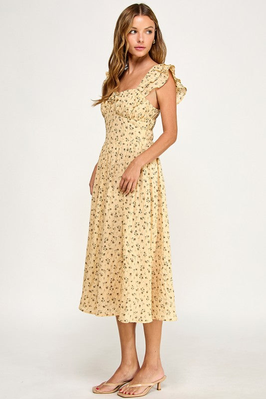 D5534-2 Ruffle Sleeve Floral Midi Dress