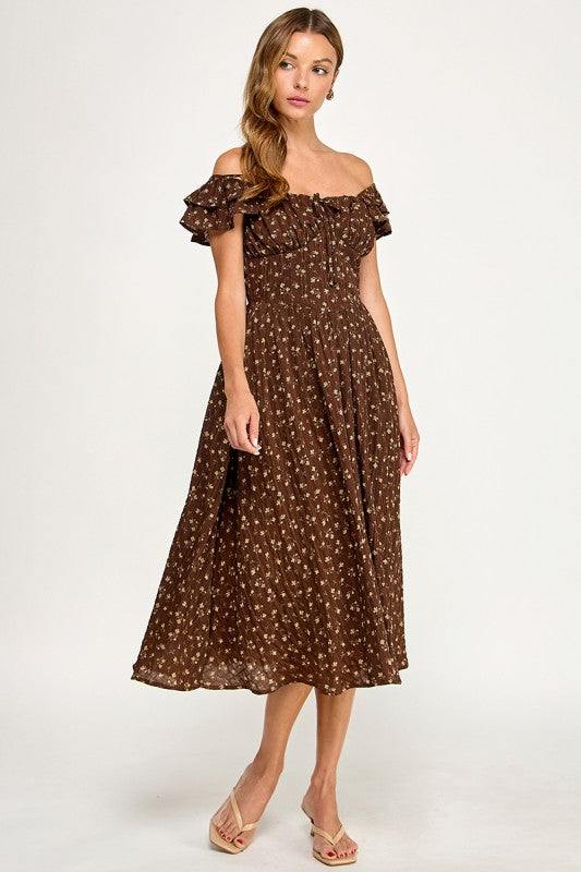 D5534-2 Ruffle Sleeve Floral Midi Dress