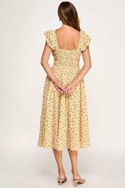 D5534-2 Ruffle Sleeve Floral Midi Dress