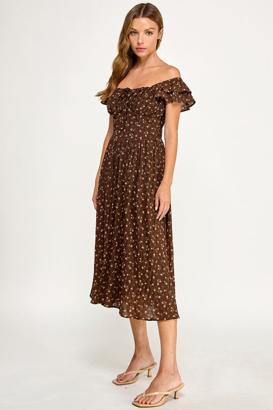D5534-2 Ruffle Sleeve Floral Midi Dress
