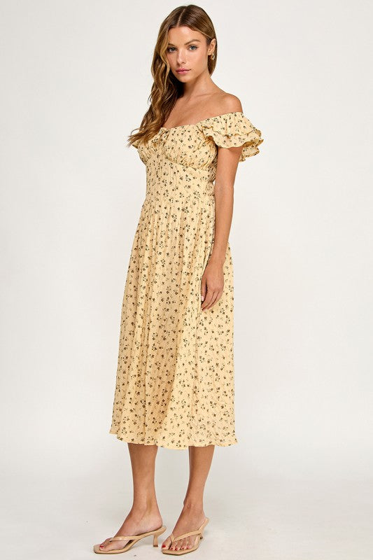 D5534-2 Ruffle Sleeve Floral Midi Dress