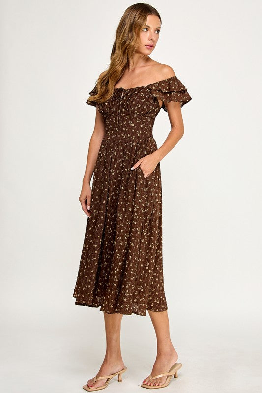D5534-2 Ruffle Sleeve Floral Midi Dress