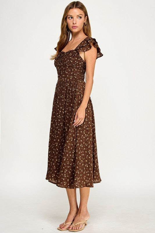D5534-2 Ruffle Sleeve Floral Midi Dress
