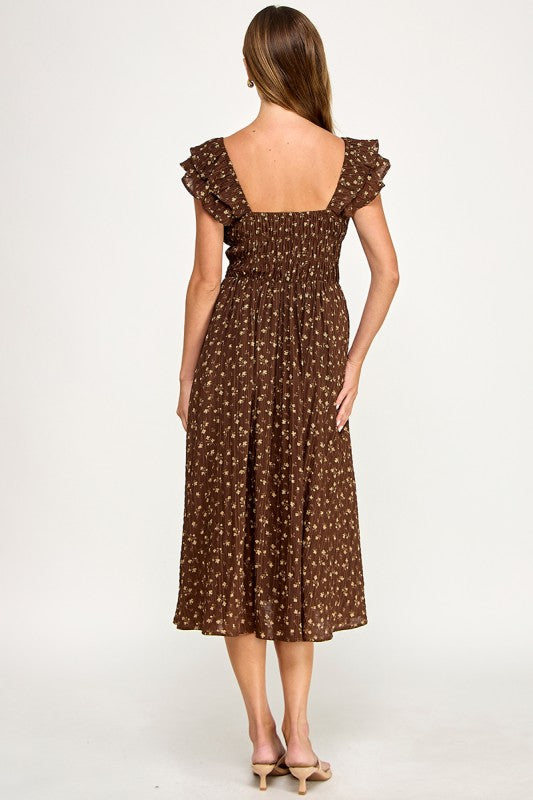 D5534-2 Ruffle Sleeve Floral Midi Dress